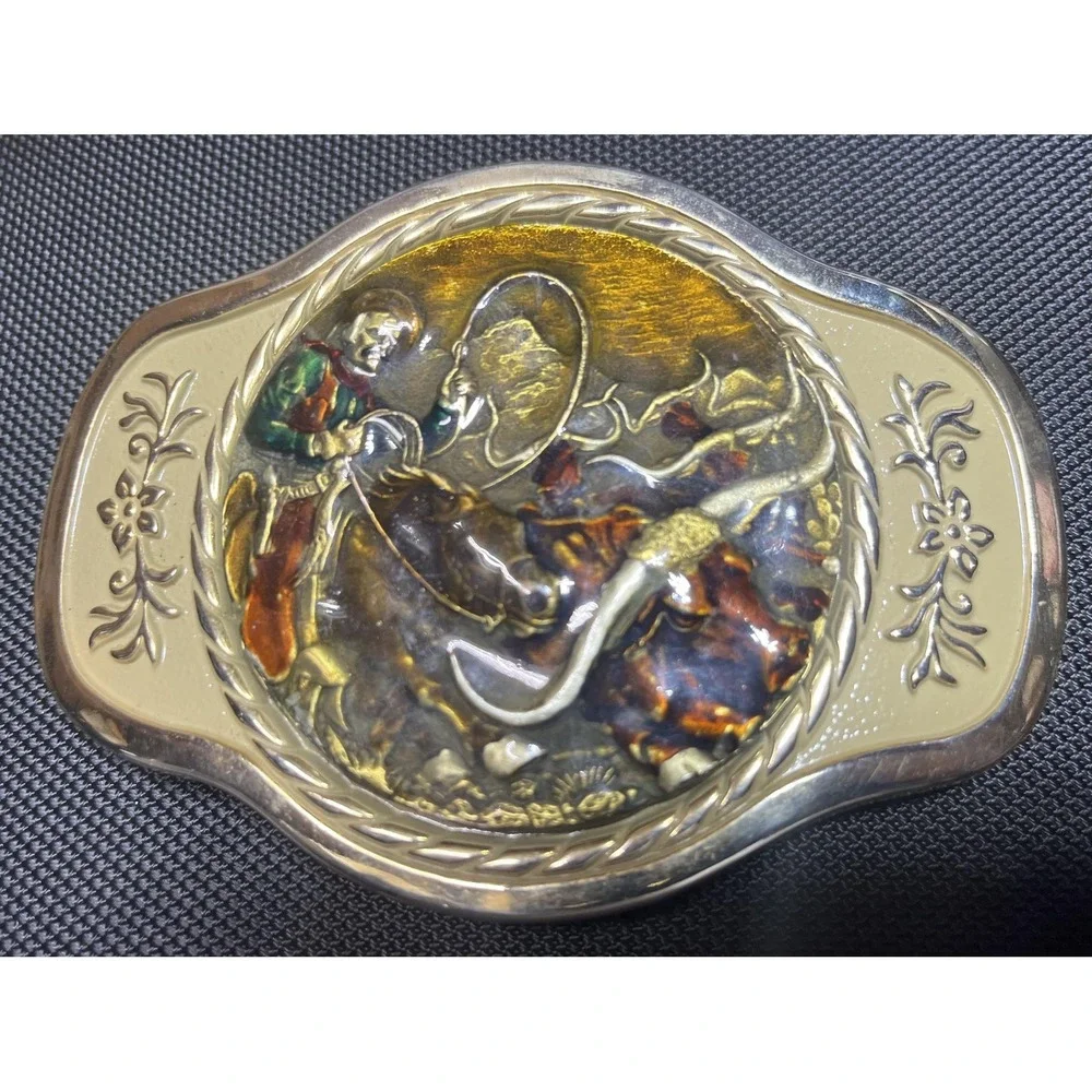 MBCI Belt Buckle Mens Gold Tone Western‎ Cowboy Rodeo Roping Longhorn Enamel